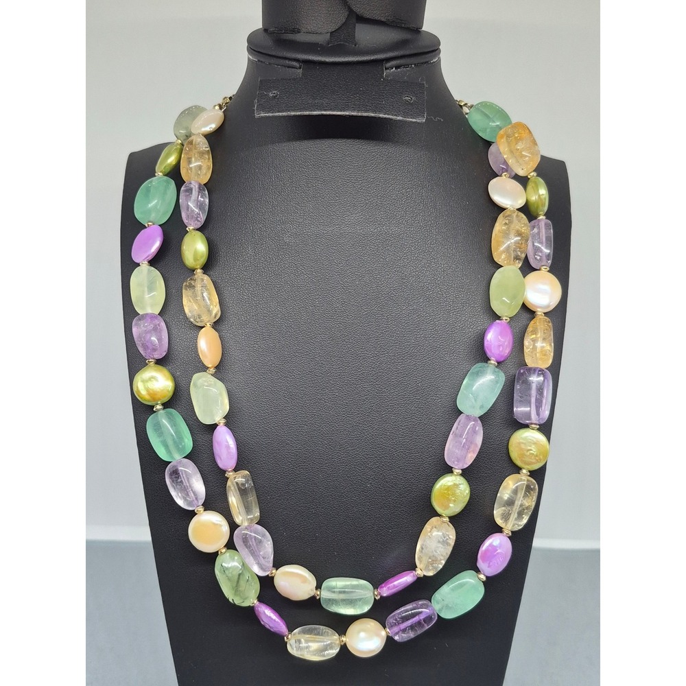 Mixed Gemstone Coin Pearl Double Strand Necklace Fluorite Amethyst Citrine